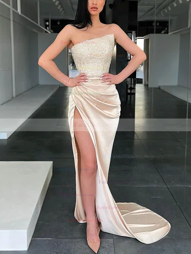 Sheath/Column Strapless Satin Sequined Sweep Train Prom Dresses With Split Front #Favs020112966