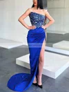 Sheath/Column Strapless Satin Sequined Sweep Train Prom Dresses With Split Front #Favs020112966
