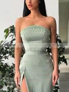 Sheath/Column Strapless Silk-like Satin Sweep Train Prom Dresses With Split Front #Favs020112967