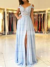 A-line V-neck Chiffon Floor-length Prom Dresses With Split Front #Favs020112970
