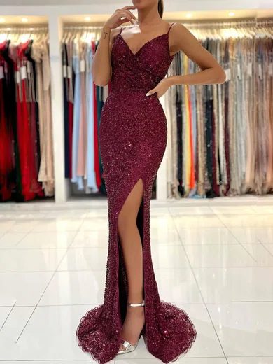 Sheath/Column V-neck Sequined Sweep Train Prom Dresses With Split Front #Favs020112972