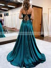 A-line V-neck Silk-like Satin Sweep Train Prom Dresses With Split Front #Favs020112979