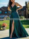 A-line V-neck Silk-like Satin Sweep Train Prom Dresses With Split Front #Favs020112979