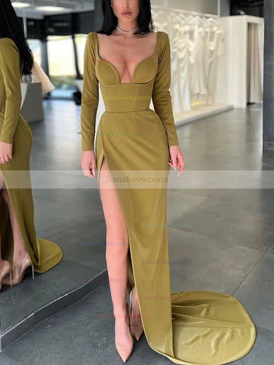 Sheath/Column V-neck Stretch Crepe Sweep Train Prom Dresses With Split Front #Favs020112986