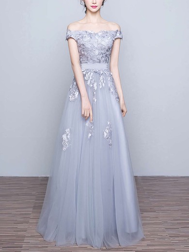 A-line Off-the-shoulder Tulle Floor-length Appliques Lace Prom Dresses #Favs020102047
