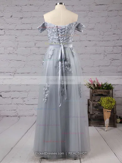 A-line Off-the-shoulder Tulle Floor-length Appliques Lace Prom Dresses #Favs020102047