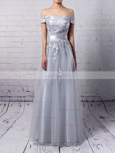 A-line Off-the-shoulder Tulle Floor-length Appliques Lace Prom Dresses #Favs020102047