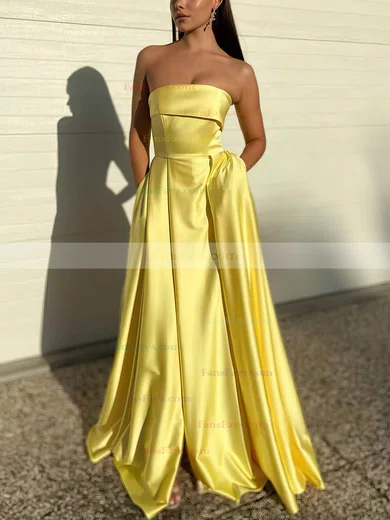 A-line Strapless Satin Sweep Train Prom Dresses With Split Front #Favs020113005