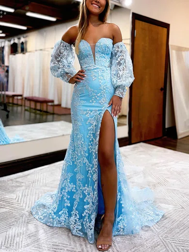 Trumpet/Mermaid Strapless Lace Sweep Train Prom Dresses With Split Front #Favs020113017