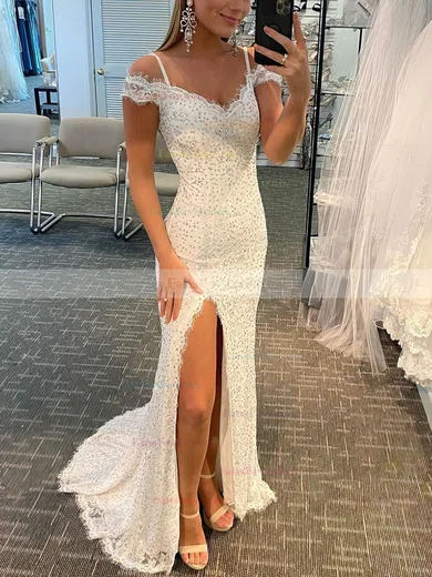 Sheath/Column Off-the-shoulder Lace Sweep Train Prom Dresses With Split Front #Favs020113019