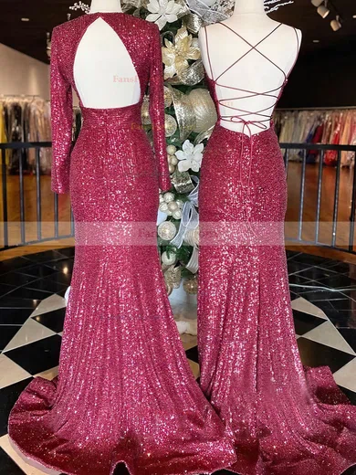 Sheath/Column V-neck Sequined Sweep Train Prom Dresses With Split Front #Favs020113021