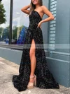 A-line One Shoulder Sequined Sweep Train Prom Dresses With Split Front #Favs020113025