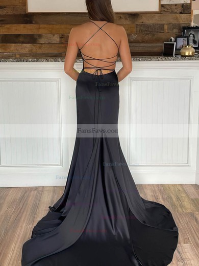 Trumpet/Mermaid V-neck Silk-like Satin Sweep Train Prom Dresses With Split Front #Favs020113026