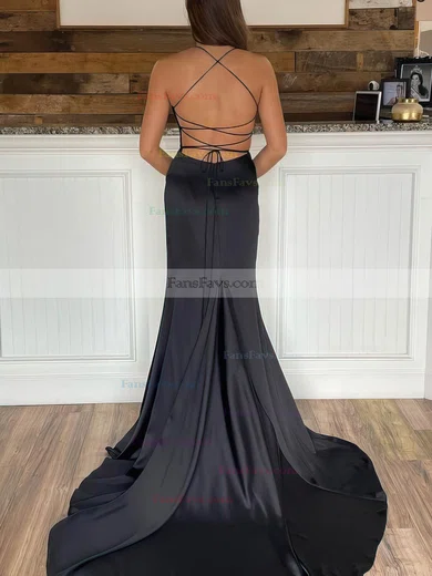 Trumpet/Mermaid V-neck Silk-like Satin Sweep Train Prom Dresses With Split Front #Favs020113026