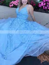 A-line V-neck Tulle Lace Sweep Train Prom Dresses With Appliques Lace #Favs020113084