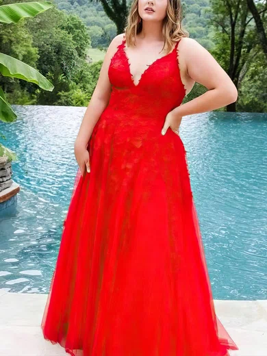 A-line V-neck Lace Tulle Sweep Train Prom Dresses With Appliques Lace #Favs020113088