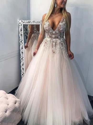 A-line V-neck Lace Tulle Floor-length Prom Dresses With Beading #Favs020113091