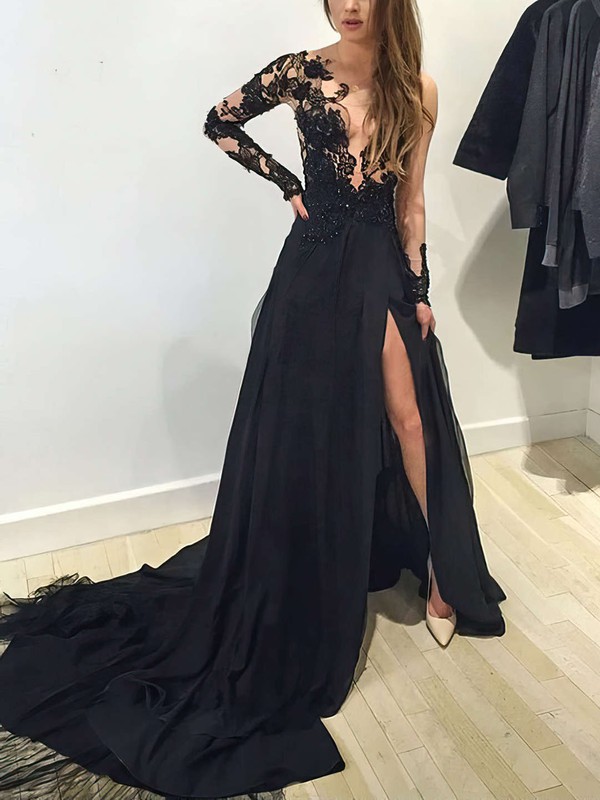 A-line Scoop Neck Chiffon Tulle Court Train Appliques Lace Prom Dresses #Favs020102059
