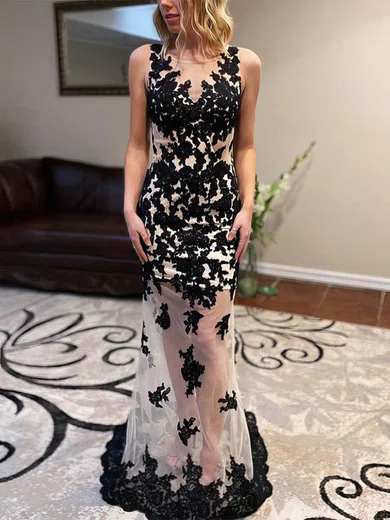 Trumpet/Mermaid Scoop Neck Lace Tulle Sweep Train Prom Dresses With Appliques Lace #Favs020113092