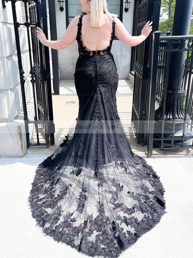 Trumpet/Mermaid V-neck Tulle Lace Sweep Train Prom Dresses With Appliques Lace #Favs020113178