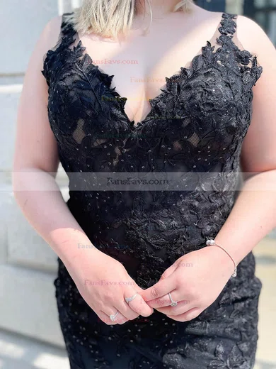 Trumpet/Mermaid V-neck Tulle Lace Sweep Train Prom Dresses With Appliques Lace #Favs020113178