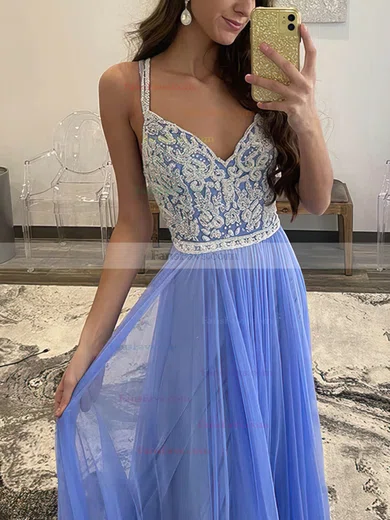 A-line V-neck Lace Tulle Floor-length Prom Dresses #Favs020113188