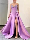 A-line V-neck Satin Sweep Train Prom Dresses With Split Front #Favs020113191