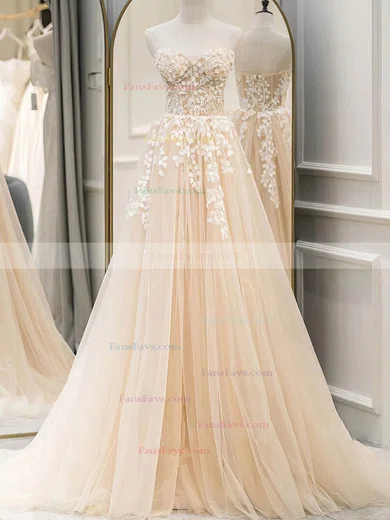 Princess Sweetheart Tulle Lace Sweep Train Prom Dresses With Appliques Lace #Favs020113242