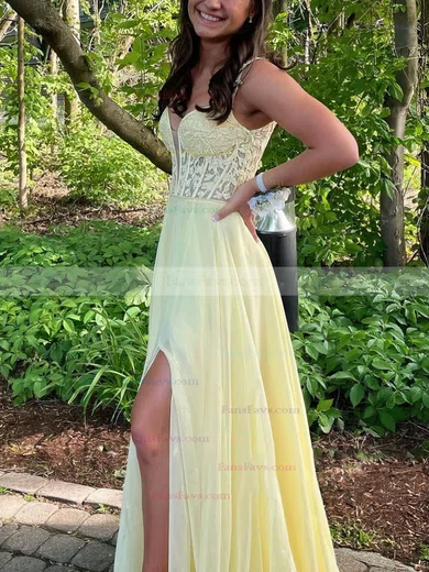 A-line V-neck Chiffon Floor-length Prom Dresses With Split Front #Favs020113278