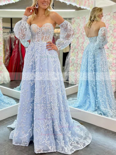 A-line Sweetheart Lace Sweep Train Prom Dresses With Split Front #Favs020113288