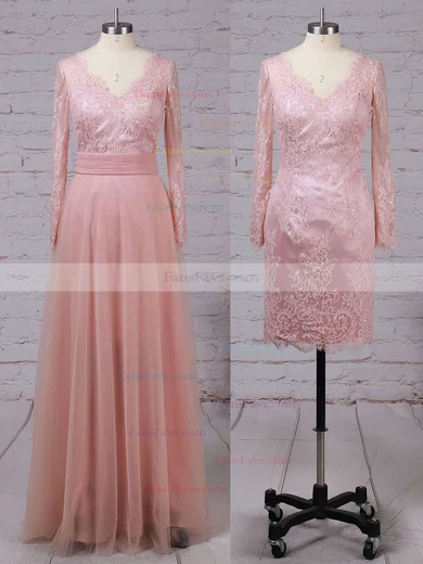 A-line V-neck Tulle Detachable Appliques Lace Prom Dresses #Favs020102076