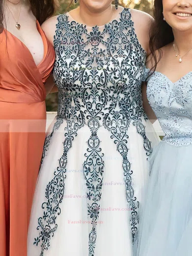 Princess Scoop Neck Tulle Floor-length Prom Dresses With Appliques Lace #Favs020113298