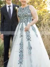 Princess Scoop Neck Tulle Floor-length Prom Dresses With Appliques Lace #Favs020113298
