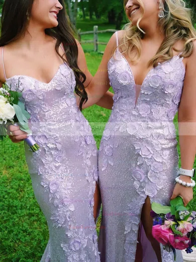 Sheath/Column V-neck Sequined Sweep Train Prom Dresses With Split Front #Favs020113306