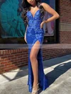 Sheath/Column V-neck Sequined Sweep Train Prom Dresses With Split Front #Favs020113306