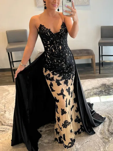 Trumpet/Mermaid V-neck Lace Chiffon Detachable Prom Dresses With Appliques Lace #Favs020113373