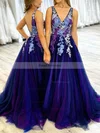 A-line V-neck Tulle Floor-length Prom Dresses With Appliques Lace #Favs020113390