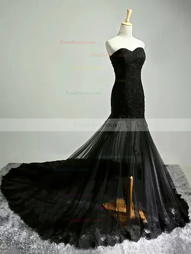 Trumpet/Mermaid Sweetheart Tulle Court Train Appliques Lace Prom Dresses #Favs020102122