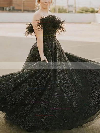 A-line Strapless Glitter Sweep Train Prom Dresses With Feathers / Fur #Favs020113394