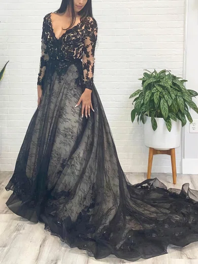 Princess V-neck Lace Tulle Sweep Train Prom Dresses With Appliques Lace #Favs020113396