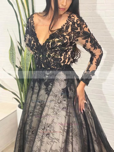 Princess V-neck Lace Tulle Sweep Train Prom Dresses With Appliques Lace #Favs020113396