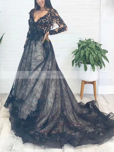 Princess V-neck Lace Tulle Sweep Train Prom Dresses With Appliques Lace #Favs020113396