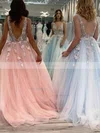 Princess V-neck Tulle Floor-length Prom Dresses With Appliques Lace #Favs020113397