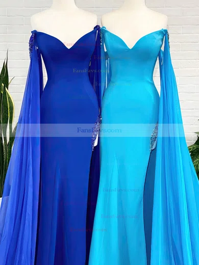 Sheath/Column Off-the-shoulder Chiffon Stretch Crepe Sweep Train Prom Dresses With Split Front #Favs020113398