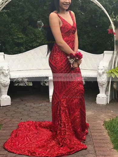 Trumpet/Mermaid V-neck Sequined Sweep Train Prom Dresses #Favs020113431