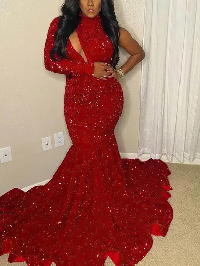 Trumpet/Mermaid High Neck Sequined Sweep Train Prom Dresses #Favs020113516