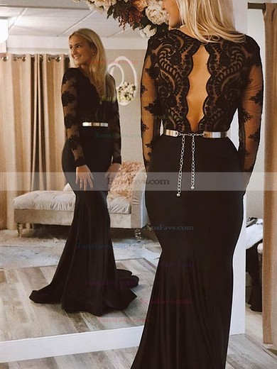 Trumpet/Mermaid V-neck Lace Jersey Sweep Train Prom Dresses With Sashes / Ribbons #Favs020113519