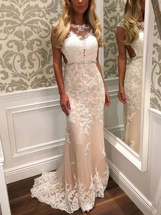 Trumpet/Mermaid Scoop Neck Tulle Sweep Train Beading Prom Dresses #Favs020102160 Trumpet/Mermaid Scoop Neck Tulle Sweep Train Beading Prom Dresses #Favs020102160