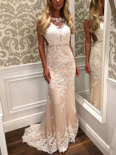 Trumpet/Mermaid Scoop Neck Tulle Sweep Train Beading Prom Dresses #Favs020102160