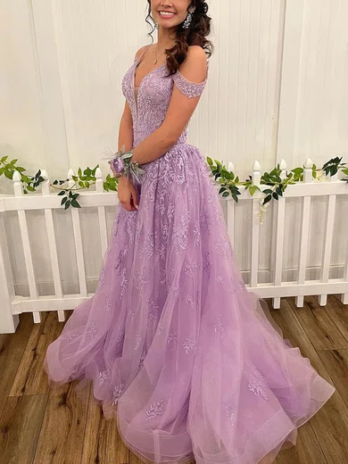 A-line V-neck Tulle Sweep Train Prom Dresses With Appliques Lace #Favs020113607